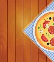 Pizza in weißer Platte auf Küchenserviette an Holzbrettern Hintergrundvektorillustration vektor