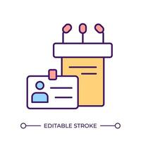 Öffentlichkeit Sprechen Veranstaltung rgb Farbe Symbol. Podium und Ich würde Abzeichen. Fachmann Fall. Panel Diskussion. Drücken Sie Konferenz. isoliert Illustration. einfach gefüllt Linie Zeichnung. editierbar Schlaganfall vektor