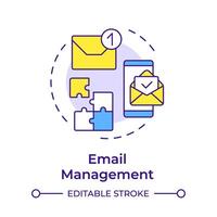 Email Verwaltung multi Farbe Konzept Symbol. crm Handy, Mobiltelefon Anwendung, Software Werkzeug. virtuell Assistent. runden gestalten Linie Illustration. abstrakt Idee. Grafik Design. einfach zu verwenden im Infografik, Präsentation vektor