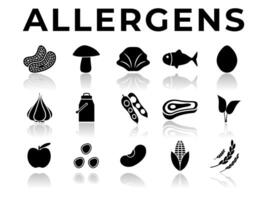 schwarz Allergene Symbol einstellen mit Betrachtung. Erdnüsse, Pilz, Schaltier, Fisch, Ei, Knoblauch, Milch, Soja rot Fleisch, Sellerie, Frucht, Samen, Hülsenfrucht und Mais Gluten Essen Allergie Symbole vektor