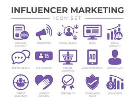 Influencer Marketing Symbol Satz. Inhalt, Promoter, Sozial erreichen, Blog, Wachstum, Gespräch, Anhänger, online Einkaufen, Werbung, Einzelpersonen, Publikum, Verantwortung, Vertrauen, weniger Kosten. vektor