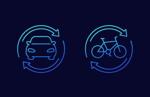Fahrgemeinschaft, Vermietung Bedienung Linie Symbole mit Auto und Fahrrad, vektor