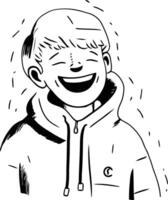 Illustration von ein glücklich lächelnd Junge im ein Gelb Jacke mit ein Kapuze vektor