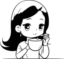 söt liten flicka dricka kaffe i tecknad serie stil. vektor