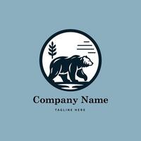 ein kreisförmig Unternehmen Logo Vorlage Design mit ein Silhouette von ein Stehen Bär im Vorderseite von ein stilisiert Baum vektor