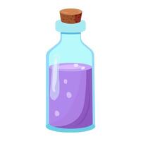 Lavendel Öl zum Spa Behandlungen und Aromatherapie. Glas Flasche mit lila flüssig. Illustration im eben Stil auf Weiß Hintergrund. vektor