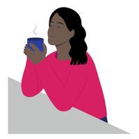 Porträt von ein heiter schwarz Mädchen mit ein Tasse im ihr Hände, ein Mädchen atmet ein das Aroma von Kaffee oder Tee während Sitzung beim das Tisch, isolieren auf Weiss, eben Illustration, handgemacht vektor