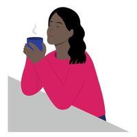 porträtt av en glad svart flicka med en kopp i henne händer, en flicka andas in de arom av kaffe eller te medan Sammanträde på de tabell, isolera på vit, platt illustration, handgjort vektor