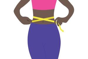 jung gesund Körper von ein afrikanisch amerikanisch Frau, dünn Taille, Messung Parameter, isolieren auf Weiss, eben Stil, Minimalismus, Gewicht Verlust vektor