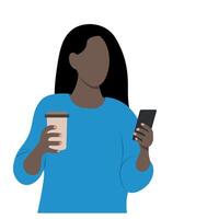 Porträt von ein afrikanisch amerikanisch Frau halten ein Papier Tasse von Kaffee im einer Hand und ein Telefon im das andere, isoliert auf Weiss, gesichtslos Illustration, eben Stil, Minimalismus vektor