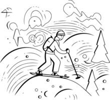 illustration av en skidåkare skidåkning i de berg. linjär stil. vektor