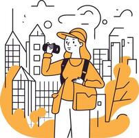 illustration av en flicka med en kamera på de bakgrund av de stad. vektor