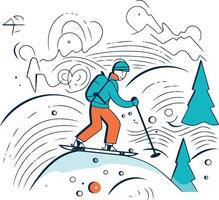 Illustration von ein Skifahrer Skifahren im das Berge. linear Stil. vektor