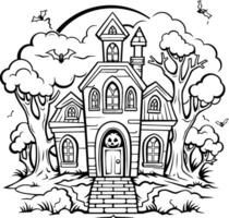 svart och vit tecknad serie illustration av halloween hus eller hus i de skog för färg bok vektor