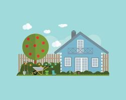 Gartenarbeit flache Hintergrund-Vektor-Illustration. Gartengeräte, Baum, Zaun und Busch auf natürlichem Hintergrund. Illustration im modernen flachen Stil