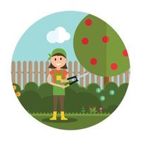 Garten-Hintergrund-Vektor-Illustration. Bäuerin Gärtnerin mit Schere zum Scheren von Büschen im modernen flachen Stil vektor