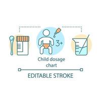 barn dosering diagram koncept ikon. dosering av läkemedel till barn. doseringsbägare, måttsked. läkares recept. barn behandling idé tunn linje ikon. vektor isolerade konturritning. redigerbar linje