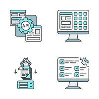 Rpa-Farbsymbole gesetzt. Roboterprozessautomatisierung. Anwendungsentwicklung und -optimierung. API, GUI, Testen, Ausfüllen von Formularen. Software-Roboter. Arbeitsabläufe automatisieren. isolierte vektorillustrationen vektor