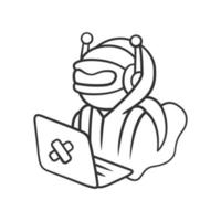 Hacker-Bot-lineares Symbol. Viren-Roboter. Cyber-Piratenangriff, Kriminalität, Cyberkriminalität. bösartiger Computervirus, a. dünne Linie Abbildung. Kontursymbol. Vektor isolierte Umrisszeichnung. bearbeitbarer Strich