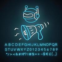 Propaganda-Bot-Neonlicht-Symbol. Spam-Attacke. künstliche Intelligenz. automatisierte Propaganda. Social-Media-Bot. leuchtendes Schild mit Alphabet, Zahlen und Symbolen. isolierte Vektorgrafik vektor