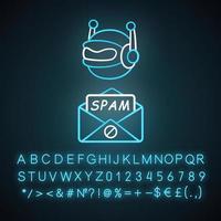 Spambot-Neonlicht-Symbol. Virus-Werbung. Spam-Bot. bösartige Phishing-Sites. Spam-Werbesoftware senden. leuchtendes Schild mit Alphabet, Zahlen und Symbolen. isolierte Vektorgrafik vektor