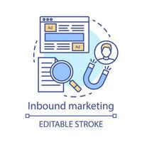 Symbol für Inbound-Marketing-Konzept. Markenbewusstsein Idee dünne Linie Illustration. digitale Marketingkampagne. Kundenattraktivität. Inhalte, Display-Anzeigen. Vektor isolierte Umrisszeichnung. bearbeitbarer Strich