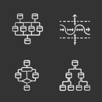 Diagramme Kreide Icons Set. Netzwerk, Baum, Funktionsgraph, Flussdiagramm. Planung, Prozessablauf. Visualisierung von Statistikdaten. symbolische Darstellung von Informationen. isolierte tafel Vektorgrafiken vektor