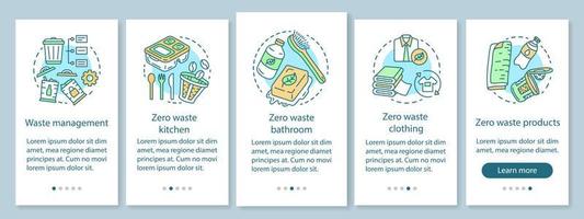 Zero Waste Lifestyle Onboarding mobiler App-Seitenbildschirm mit linearen Konzepten. Abfallmanagement Walkthrough fünf Schritte grafische Anweisungen. ux, ui, gui-Vektorvorlage mit Illustrationen vektor