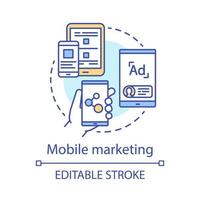 Symbol für das Konzept des mobilen Marketings. Digitale Marketingstrategie Idee dünne Linie Illustration. zielgruppenorientierte Werbung. smm, Display-Anzeigen, Massenversand. Vektor isolierte Umrisszeichnung. bearbeitbarer Strich