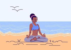 Mädchen, das in der flachen Vektorillustration der Lotusposition meditiert. Yoga-Praxis am Meeresstrand. Harmonie von Körper und Geist. Junge Afroamerikanerin, die in Padmasana-Übungszeichentrickfilm-Figur sitzt vektor