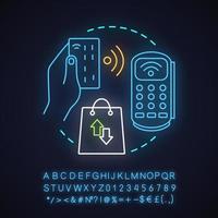 Symbol für das Neonlicht-Konzept für Händlerdienstleistungen. nfc-Technologie. Idee für kontaktloses Bezahlen. Einkaufen. kaufen. leuchtendes Schild mit Alphabet, Zahlen und Symbolen. isolierte Vektorgrafik vektor