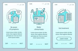 medicinsk screening onboarding mobil app sida skärm vektor mall. göra tester, få behandling. genomgång av webbplatssteg med linjära illustrationer. ux, ui, gui smartphone gränssnitt koncept