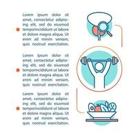 Artikelseiten-Vektorvorlage für gesunden Lebensstil. Ernährung, Sport, medizinische Vorsorge. Broschüre, Zeitschrift, Broschürengestaltungselement mit Symbolen, Textfeldern. Druckdesign. Konzeptillustrationen mit Textraum vektor