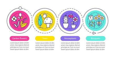 Pflanzen Vektor Infografik Vorlage. Designelemente für die Geschäftspräsentation. Gartenblumen, Bäume, Zimmerpflanzen, Blumensträuße. Schritte und Optionen zur Datenvisualisierung. Zeitachsendiagramm des Prozesses. Workflow-Layout