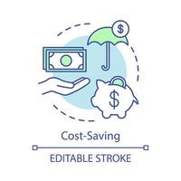 kostnadsbesparande fördel koncept ikon. ekonomiskt skydd, spargris, pengar i handen. försäkring. investment banking idé tunn linje illustration. vektor isolerade konturritning. redigerbar linje