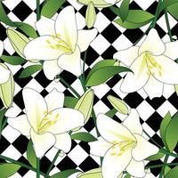 weiße Lilie auf schwarz-weißem Rautenhintergrund vektor