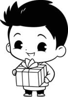 söt pojke innehav en gåva låda. tecknad serie karaktär illustration. vektor
