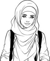 Hijab Mädchen mit Rucksack im schwarz und Weiß. vektor