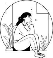 traurig Frau Sitzung auf das Fußboden im Vorderseite von das Fenster vektor
