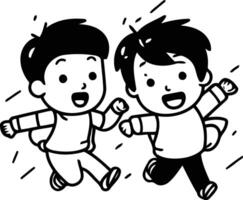 Karikatur Illustration von zwei wenig Jungs Laufen im das gleich Richtung. vektor