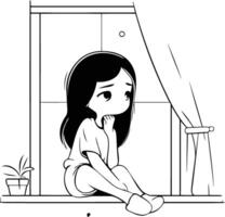 Illustration von ein traurig Mädchen Sitzung im Vorderseite von das Fenster. vektor