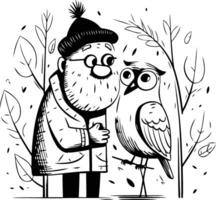 illustration av ett gammal man och en fågel i de skog. vektor