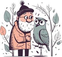 Illustration von ein alt Mann und ein Vogel im das Wald. vektor