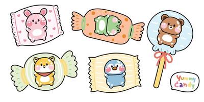 einstellen von süß Tiere im verschiedene Süßigkeiten Paket.Cartoon Charakter Design.Kaninchen,Frosch,Bär,Shiba inu Hund, Pinguin Hand gezeichnete.kawaii.Illustration. vektor