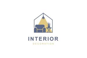 Zuhause Zimmer Dekoration Design Logo modern mit Zuhause Sofa oder Stuhl Grafik Konzept vektor