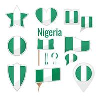 verschiedene Nigeria Flaggen einstellen auf Pole, Tabelle Flagge, markieren, Star Abzeichen und anders Formen Abzeichen. patriotisch Nigerianer Aufkleber vektor