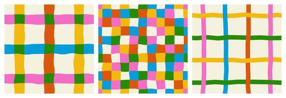 en uppsättning av sömlös mönster av flerfärgad böjd rader och en rutig mönster på en ljus bakgrund, hand dragen vektor