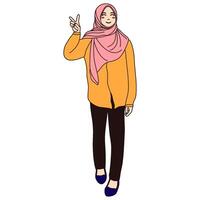 muslim hijab flicka framställning fred hand illustration. illustration av halsdukar kvinnor med hand framställning fred tecken. vektor