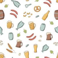 nahtlos Muster Bier Gekritzel Symbole. Illustration von Kneipe Elemente Bier und Snacks. Hintergrund Hintergrund Oktoberfest oder Bar. vektor
