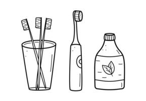 Gekritzel Symbole zum Oral und Dental Pflege. Illustration von Zahnbürsten, Mundwasser. vektor